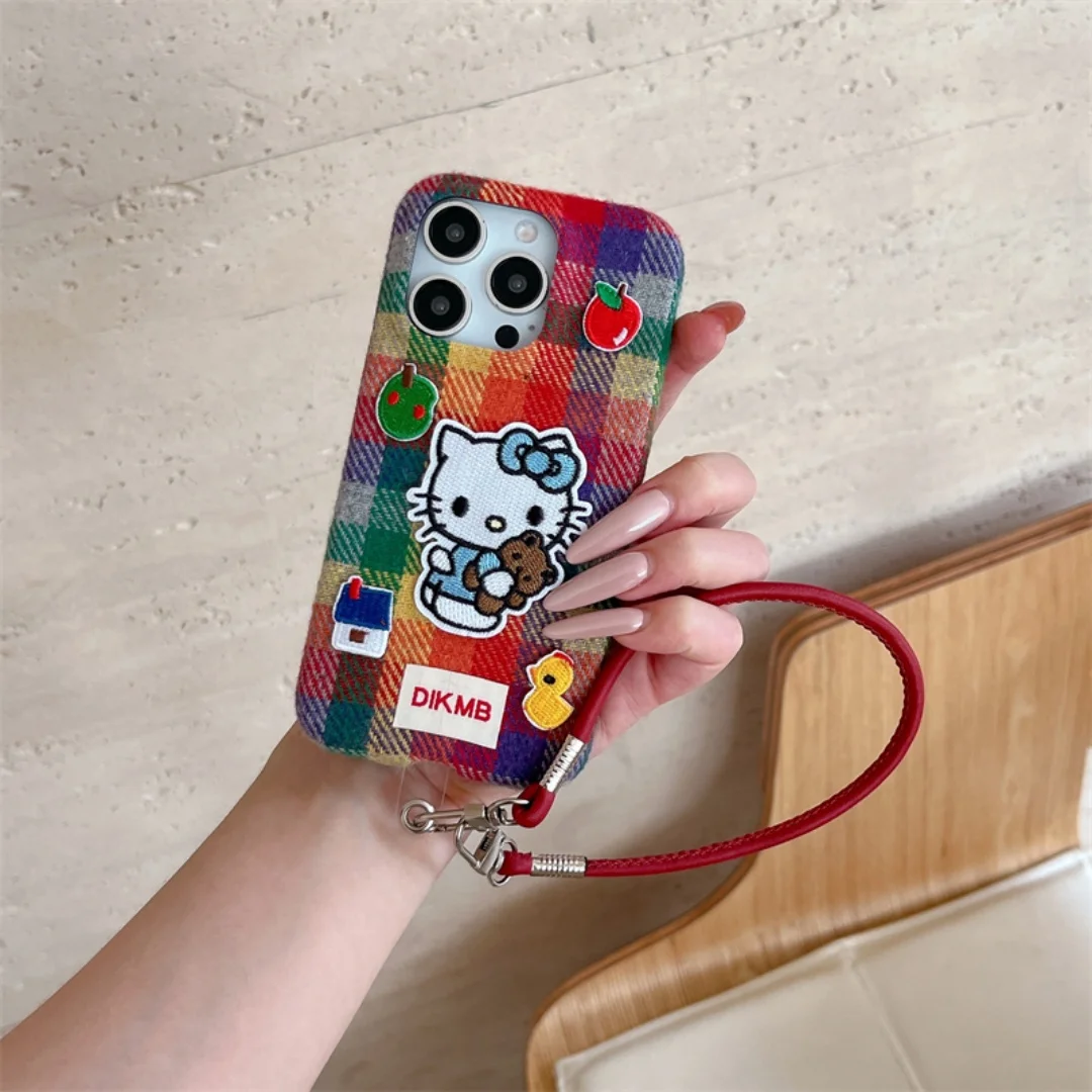 

Christmas New Year Red Grid Cartoon Embroidery Phone Case suitable For iPhone 17 Pro Max 16 15 14 Plus Shockproof Cover