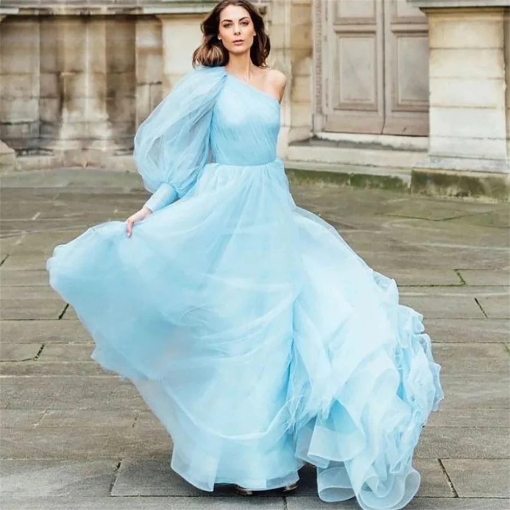 Vestido de noche de tul de un hombro para mujer, azul cielo, plisado, una línea, vestido Formal, vestidos de fiesta para graduación