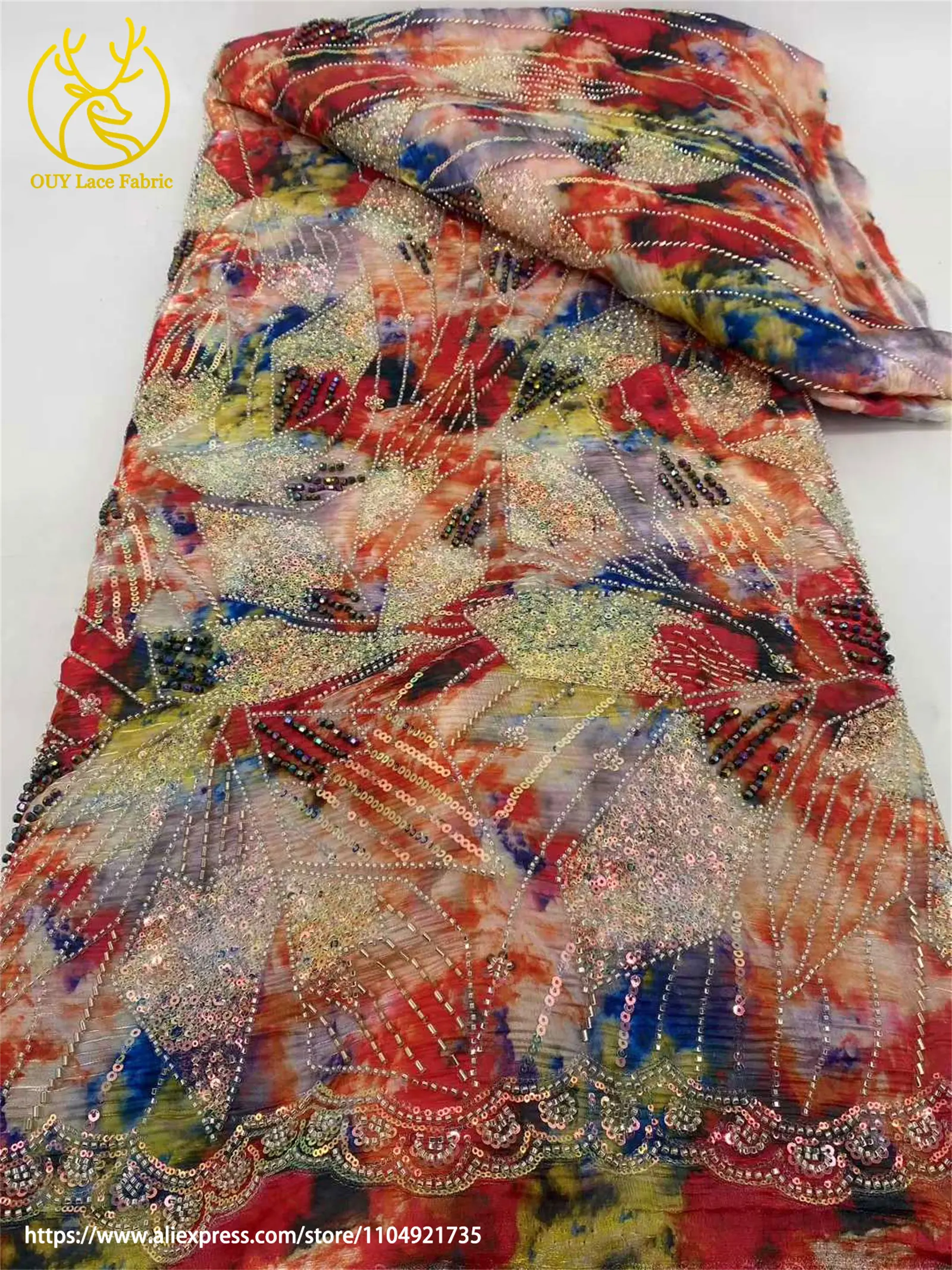 Französisch Bunte Mode Frauen Party Abendessen Kleid Nähen Material Hohe Qualität Afrikanische Pailletten Perlen Stickerei Spitze Stoffe – Detail 9