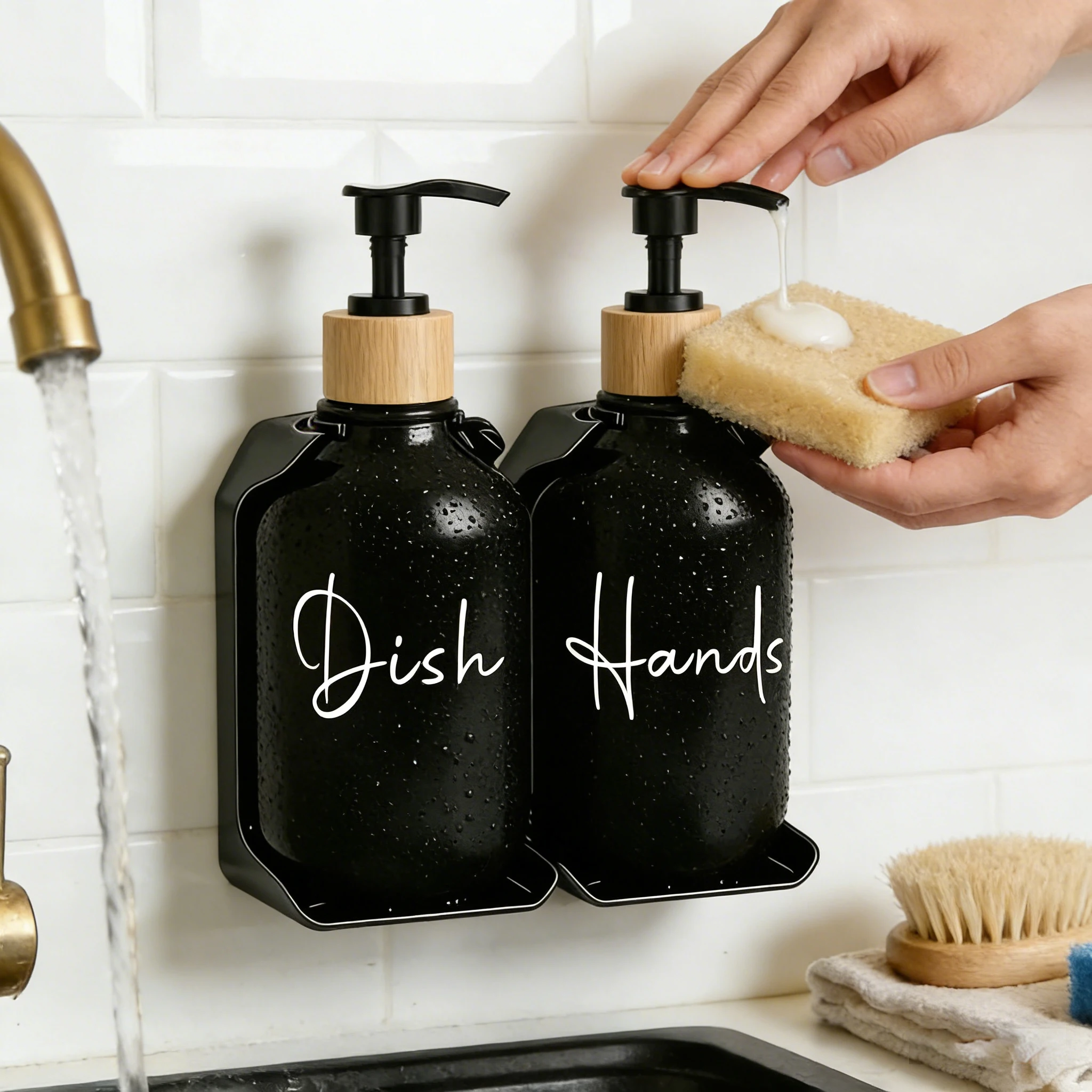 Wandmontierter Shampoo- und Conditioner-Spender für Bad/Ankleidezimmer, Nachfüllbare Duschflaschen mit Wasserfesten Etiketten & Silberner Pumpe