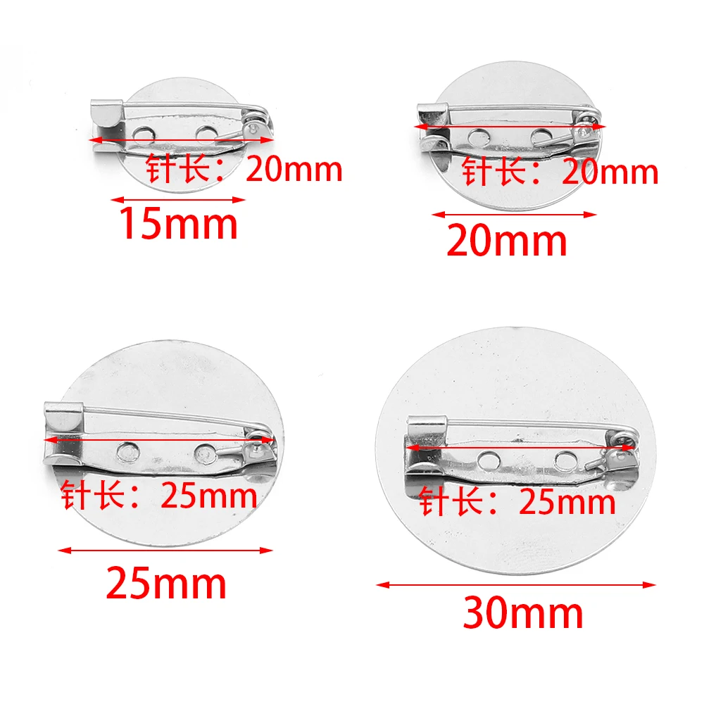 20 Stück/Set 15/20/25/30mm runde Metall-Broschenrohlinge aus Eisen mit Sicherheitsnadeln für die Schmuckherstellung, DIY Modeschmuckzubehör – Detail 1