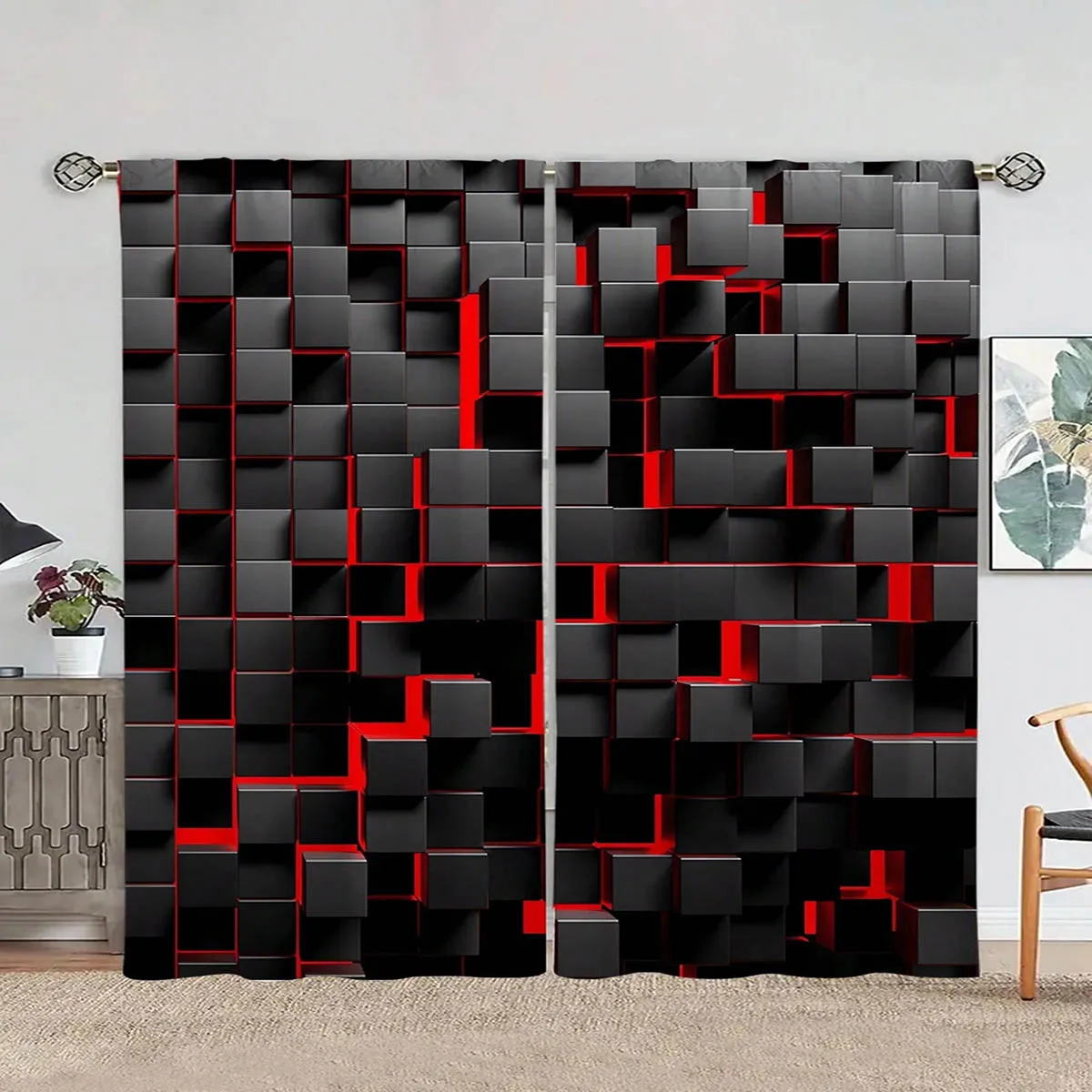 2 Pieces, Black 3d Geometric Print Curtains, 100% Polyester, Suitable For Kitchen, Living Room, And Bedroom Decoration.