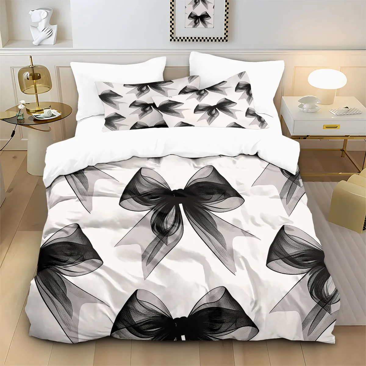 

3pcs Cute Black Bow Printed Coreless Duvet Cover Set In Multiple Sizes, Comfortable Bedroom Bedding Decoration, Machine Washable