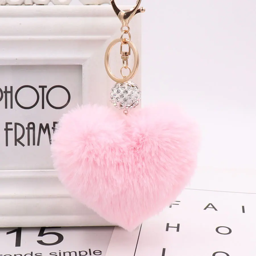 Soft Rabbit Fur Love Zircon Ball Charm Key Chain Jewelry for Women Colorful Love Key Ring Accessories Bags Keychains for Girls