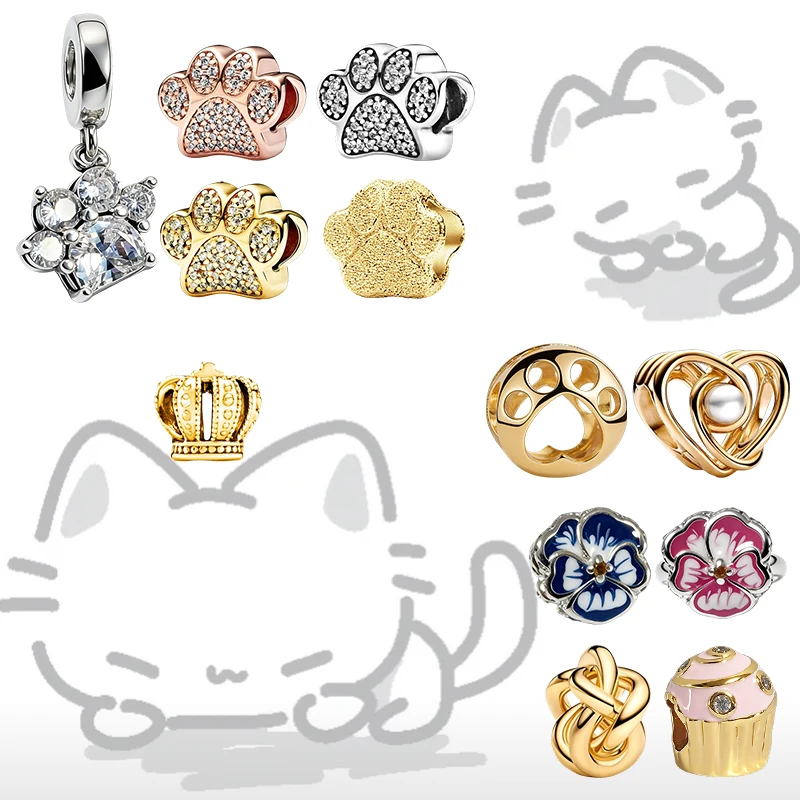 Original Charm Beads,Sparkling Paw Print Charm&Small cake charm Beads&Pink Pansy Flower ,Fit Pendant Bracelet Women Jewelry Gift