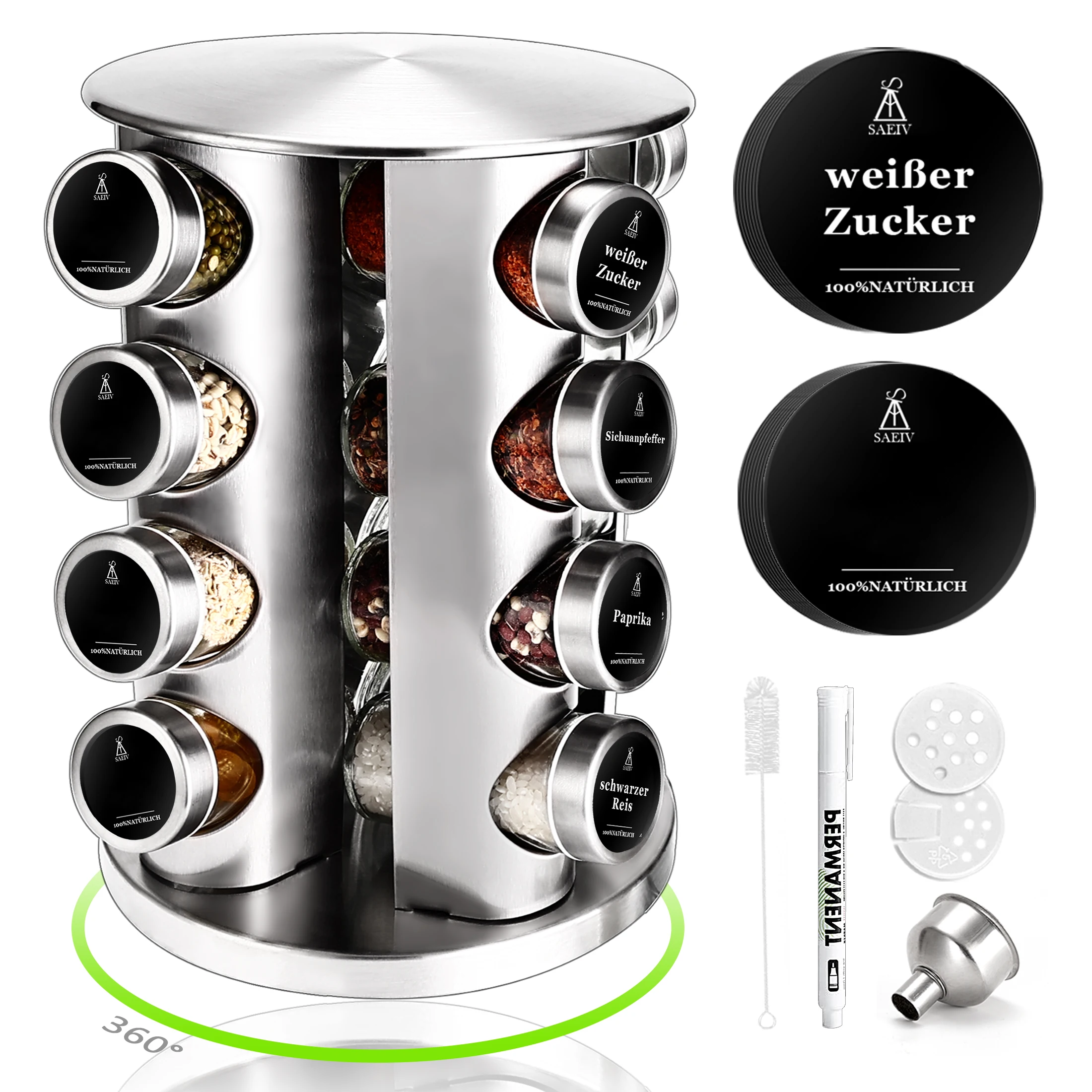 SIAZIH Drehbares Gewürzregal-Set mit 12/20 luftdichten 100ml Gewürzgläsern aus Glas mit Deckeln und Etiketten 360 ° Edelstahl-Gewürzorganizer für die Küchenarbeitsplatte, Gewürzhalter, Küchenlagerung & -organisation | Küchenregal | Gewürz-Organizer – Detail 8