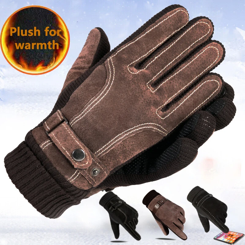 Winter Men's Gloves Suede Keep Warm Touch Screen Windproof Driving Guantes Thick Plush Anti Slip Outdoor Male Leather Gloves