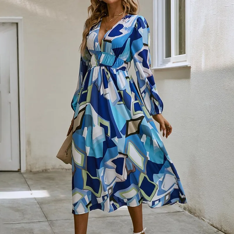 

Women Long Dress Trendy French Elegant Bohemian Mottled Floral Print Long Sleeve Deep V Neck A Line Flowy Big Swing Long Dress