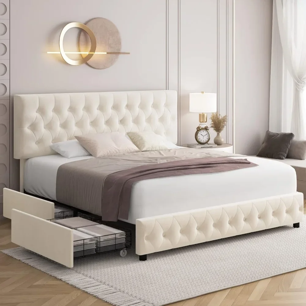 Modern Upholstered Bed Frame with 4 Storage Drawers, Button Tufted Headboard Design, Solid Wooden Slat Support, Easy Assembly