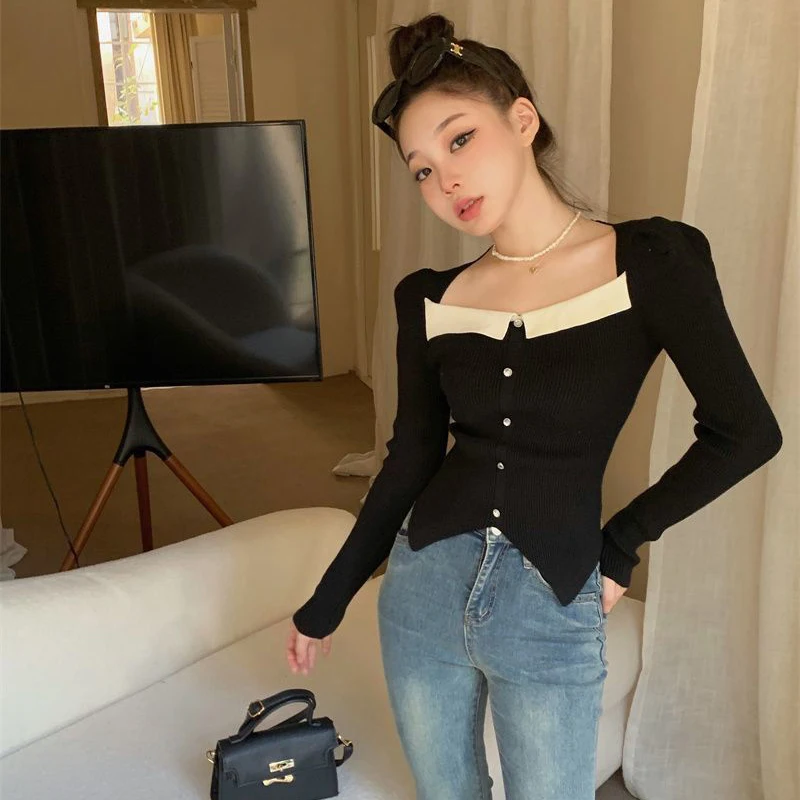 Y2K Women Knitted Chic Shirts Korean Patchwork Slim Female Casual Blouse Autumn New All Match Square Collar Ladies Crop Tops