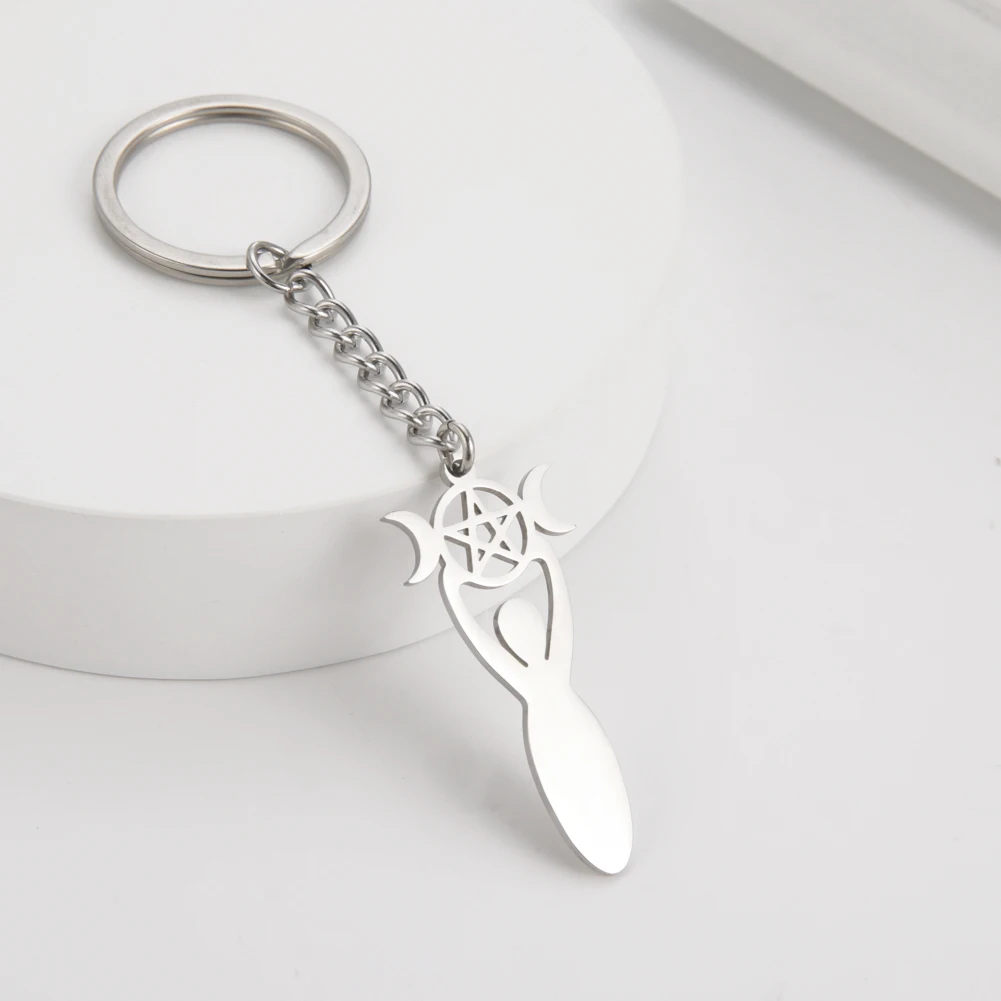 Dreamtimes New Three Goddess Keychain Stainless Steel Five Point Star Moon DIY Handmade Pendant Creative Gift