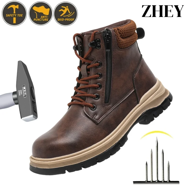 

High Top Leather Waterproof Man Boots Safety Protective Shoes Steel Toe Work Shoes Men Anti-puncture Men Work Safety Boots