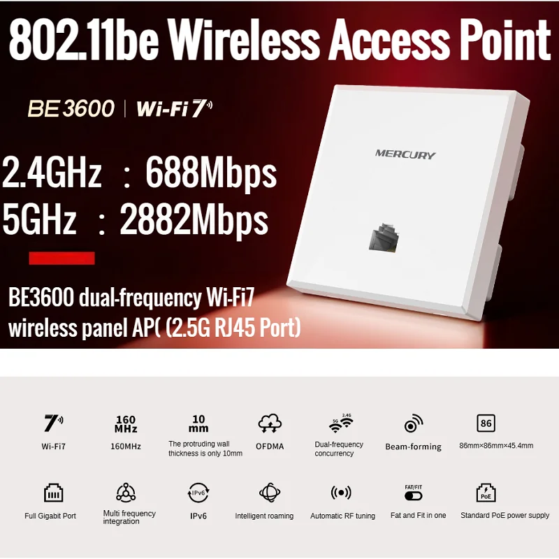 

802.11be Access Point 2.4GHz 688M 5GHz 2882M BE3600 WiFi 7 Panel AP, 2.5G RJ45 Port, 3571Mbps in Wall AP WiFi7 project Indoor AP