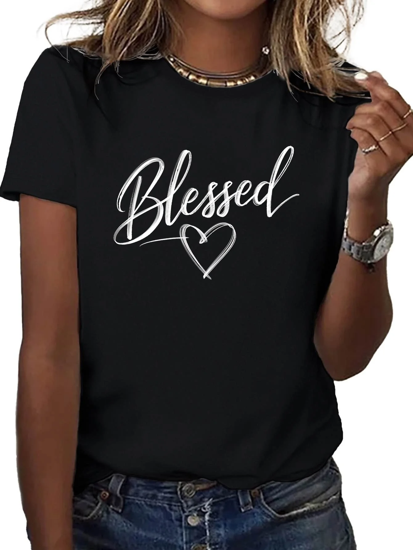 Heart blessing cursive illustration pure cotton women's T-shirt comfortable fit