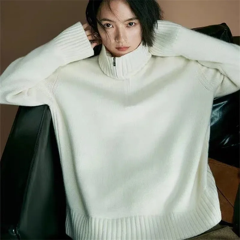 

Women's Clothing 100% Wool Gray Sweater Half Zip Collar Loose Casual Pullovers Outerwears Plus Size Winter