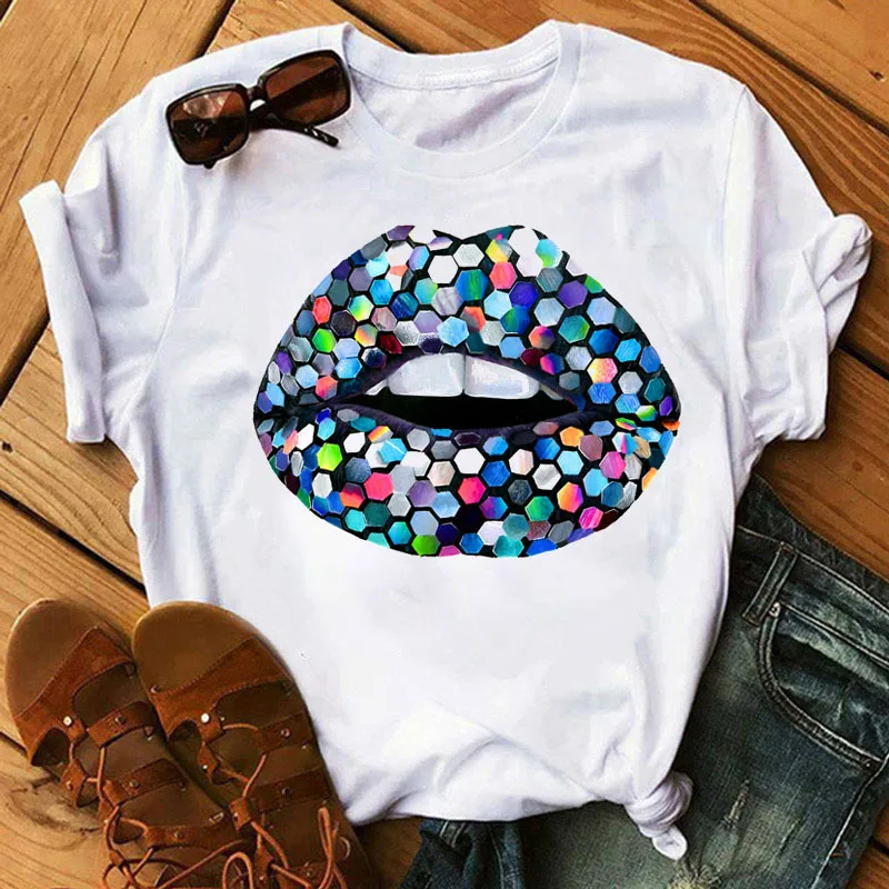 Burst Sequin Lip Trend T-shirt Half Sleeve Cute White Short Sleeve T-shirt Woman Harajuku  Harajuku  Oversized T Shirt  Tops