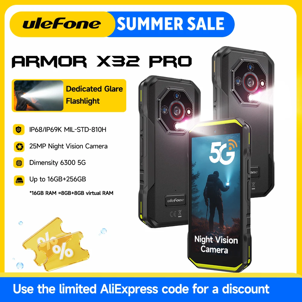 

Ulefone Armor X32 Pro 5G Rugged Phone Android 15 Up to 16GB RAM 256GB ROM 25MP Night Vision 64MP Camera 5500mAh NFC Smartphone