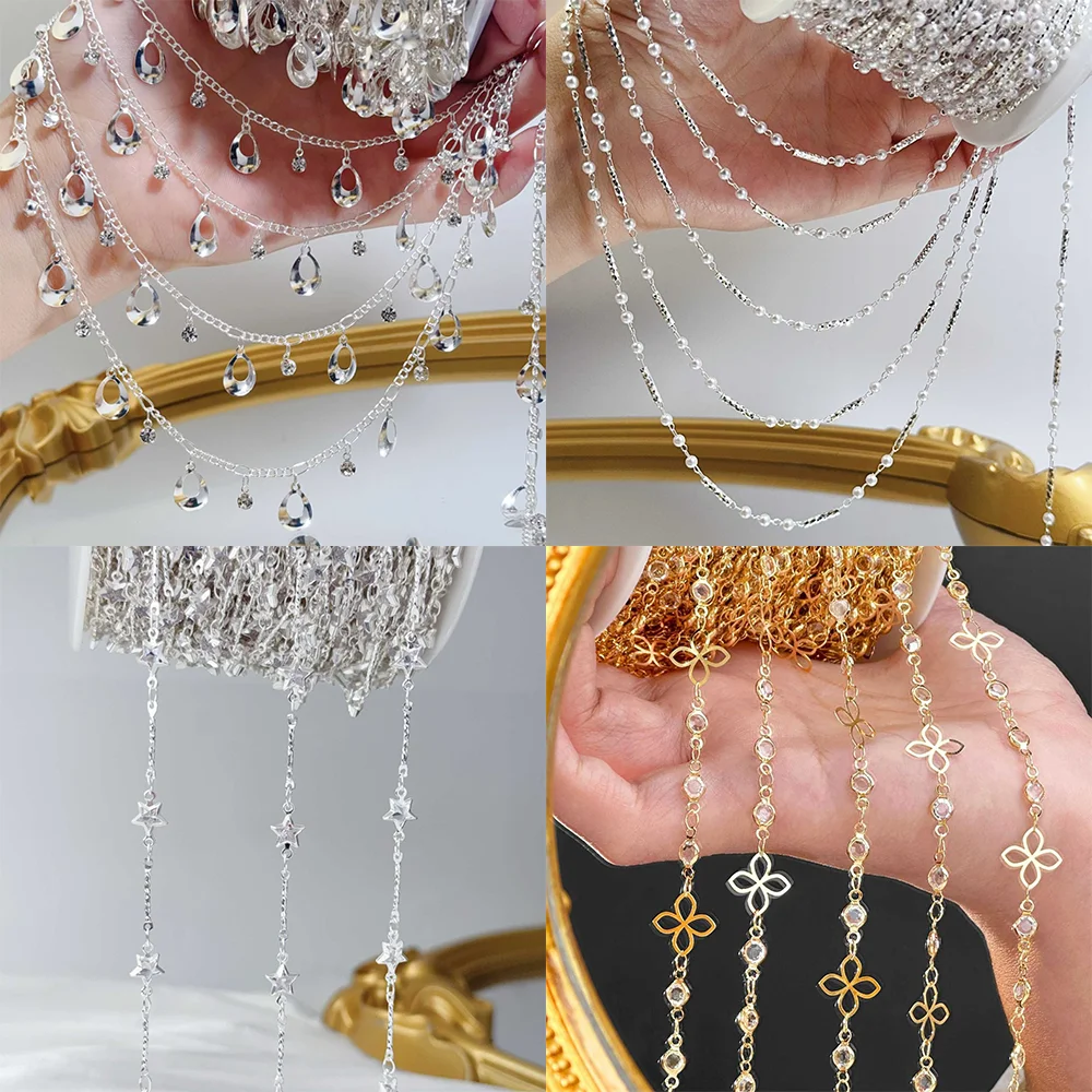 

0.5M/1M/2M Vintage Copper Star Waterdrop Hollow Chain with Glass Rhinestone for Jewelry Making DIY Necklaces Bracelets Findings