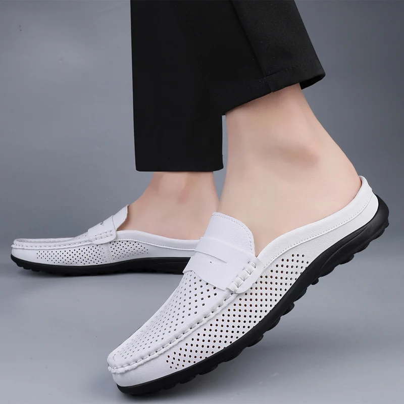 Summer Breathability Half Shoes for Men Loafers Slippers Leather Casual Driving Shoe Loafer Lightweight Flats Sandals Big Size47