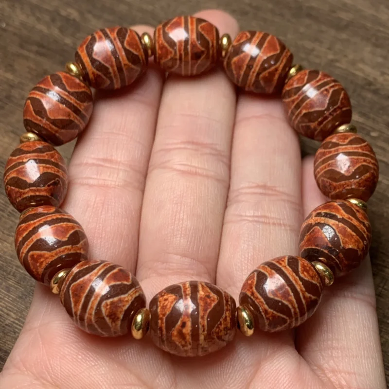 

Tibetan Style Premium Dragon Scale Crackle Old Agate Tiger Tooth Dzi Bead Bracelet Leopard Pattern Flower Skin Round Bead Bracel