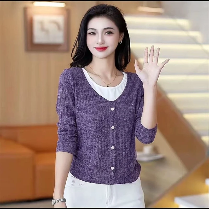 New Spring Long Sleeved Women's T-Shirt Elegant Slim O-Neck false two-piece Tops High Elasticity Tees