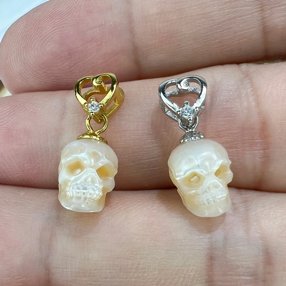 Hand Carved Freshwater Pearl Skull Pendant 925 Sterling Silver Hollow Heart Gothic Jewelry DIY Necklace Earrings Accessories