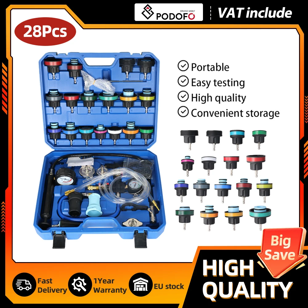 Podofo - Kit de 28 Piezas para Prueba de Presión de Refrigerante del Radiador, Herramienta de Recarga de Vacío, Juego Universal de Prueba de Fugas Neumáticas, Purga y Llenado para Automóviles y