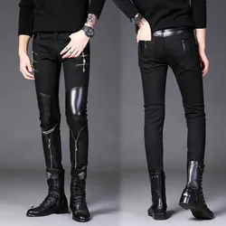 Luxury Men's Jeans Korean Style Slim Jeans for Men New Casual Black with PU Leather Splice and Zipper Desinger Nightclub Pants