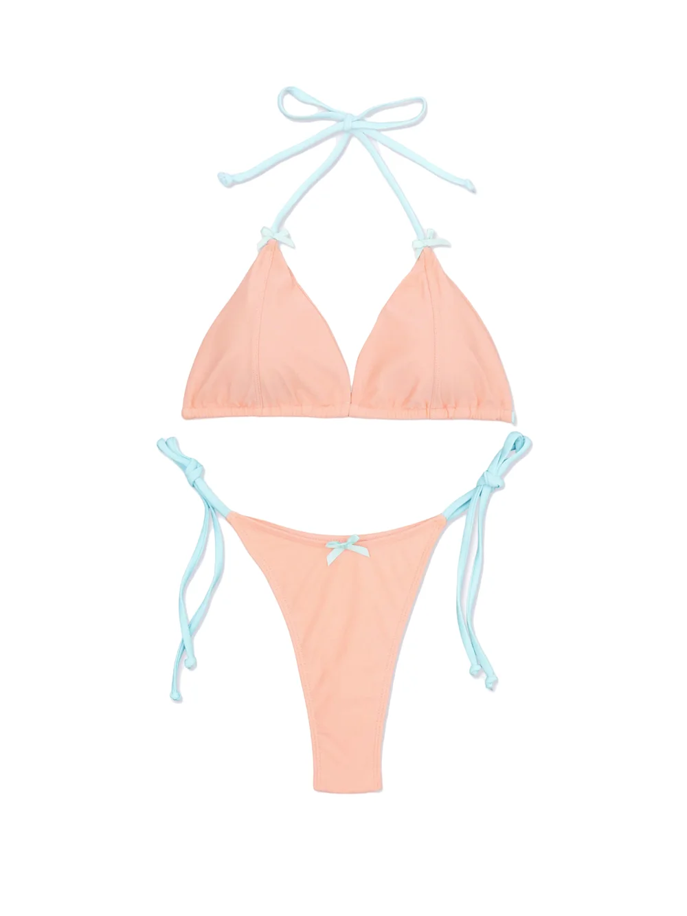 Pink Triangle Bikini Sets Women Light Blue Tie Bow Detail Two Piece Swimsuit Sexy Halter Bikini Beach Swimwear for Summer