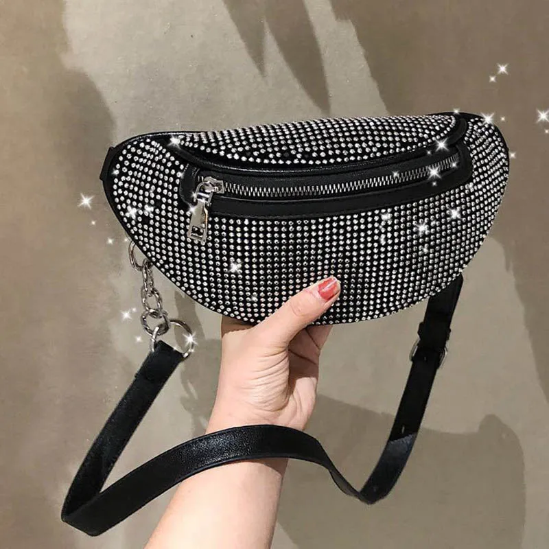 Damska torba na talię błyszczący diament luksusowa piterek łańcuszek na talię Crossbody na ramię torba na klatkę piersiową moda bananowa saszetka na pasek biodra torebka biodrowa