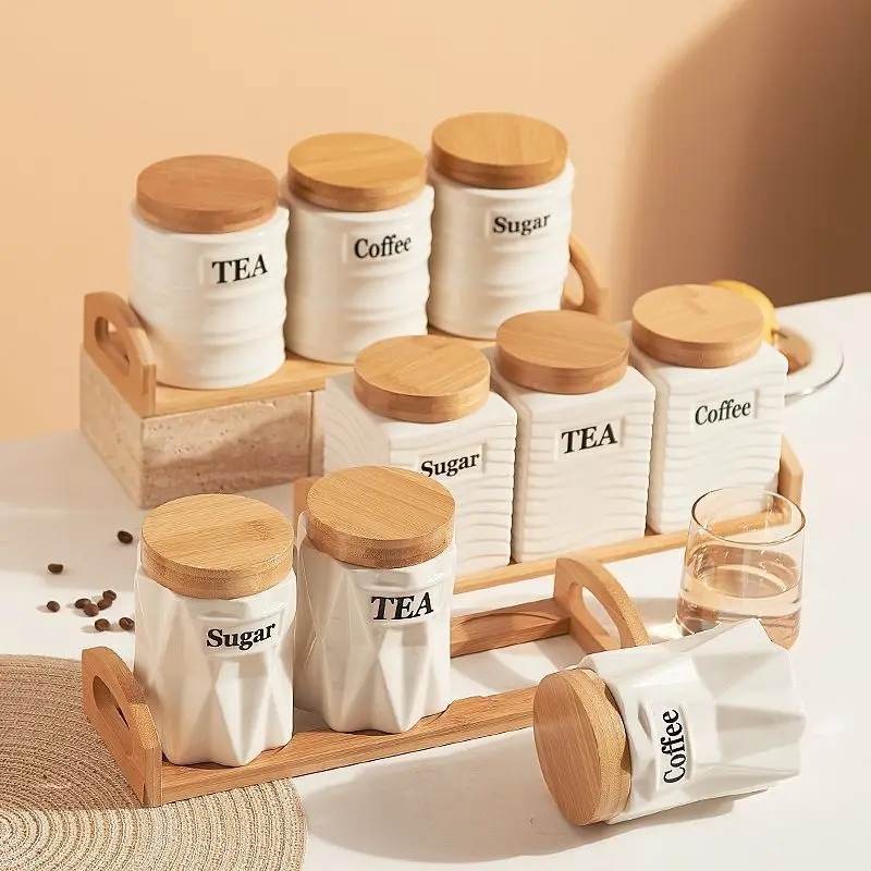 3PCS Ceramic Storage Jars Set with Bamboo Lid for Coffee Sugar Tea - Kitchen Airtight Canisters & Organizers - Home Baking Suppl