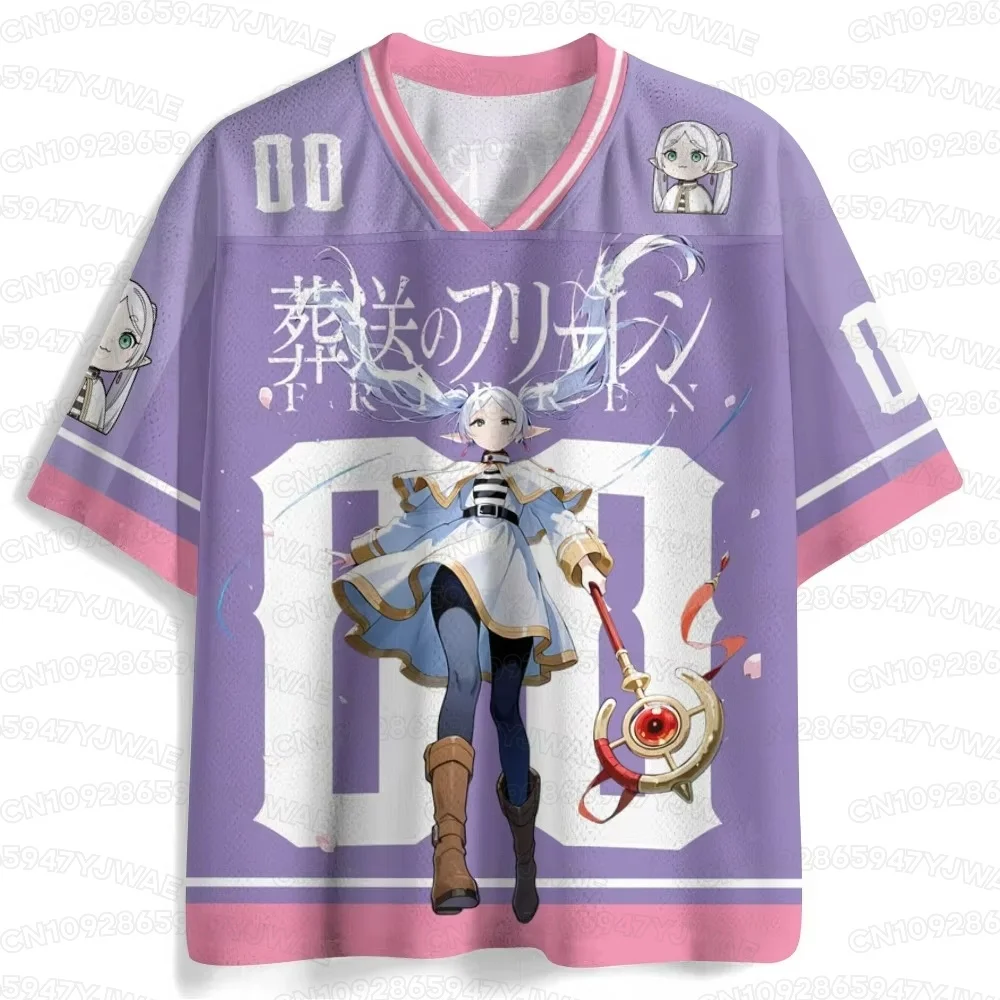 Summer Women's Men's Frieren 3D Print Jersey Y2K V-neck Short Sleeve T-shirt Anime Streetwear Cosplay Sport Top
