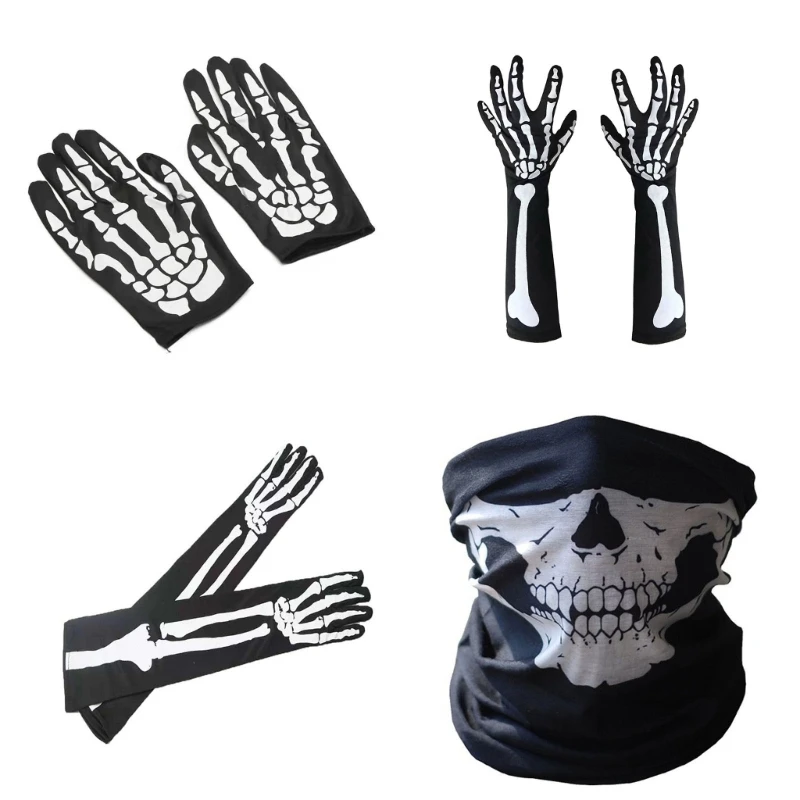 Halloween Skeleton Gloves Half Face Skull Face Mask Bone Gloves for Makeup Party Cosplay Costume Supplies Outdoor