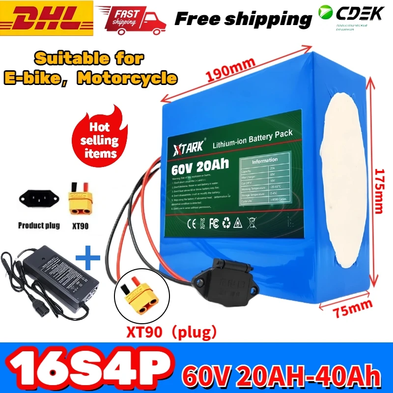 

2024 New upgraded 60V 40Ah high-capacity XT90 plug 16s4p li-ion battery pack with built-in BMS, suitable for E-bike motorcycles