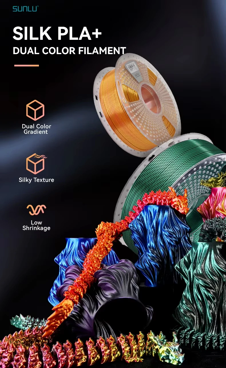 SUNLU 2KG Silk PLA Plus Dual Color Filament 1KG 1,75mm Pla+ Rabinbow Dual Colors Ordentlich gewickeltes 3D-Filament für 3D-Drucker – Detail 5