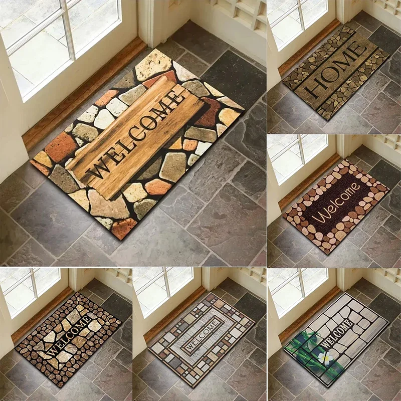 Tapis de porte à motif de pierre avec design de bienvenue pour la maison, tapis antidérapant durable, protecteur de sol décoratif pour entrée avant et porche