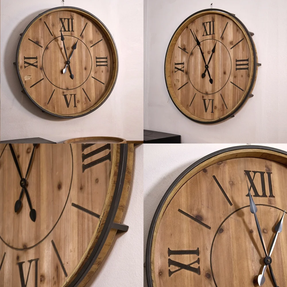European and American Wood and Iron Round Wall Clock for Home Decor Living Room Bedroom Office For Modern Rustic Industrial