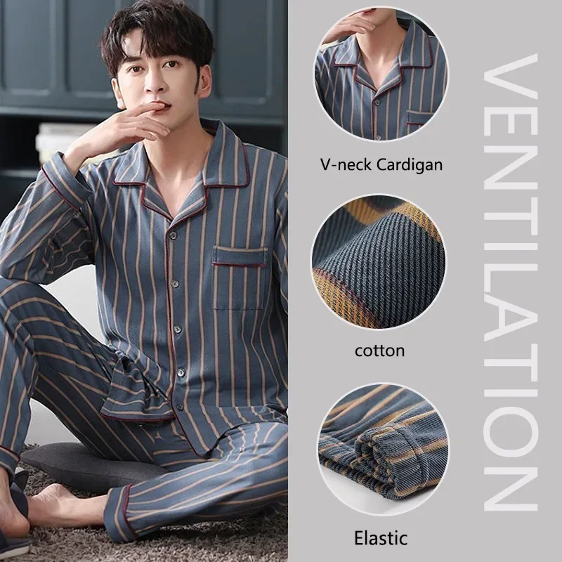 Plaid Men Pyjamas Fall and Winter Imitation Cotton Long Sleeve Plus Size Striped Cardigan Top Trousers Sleepwear Homewear