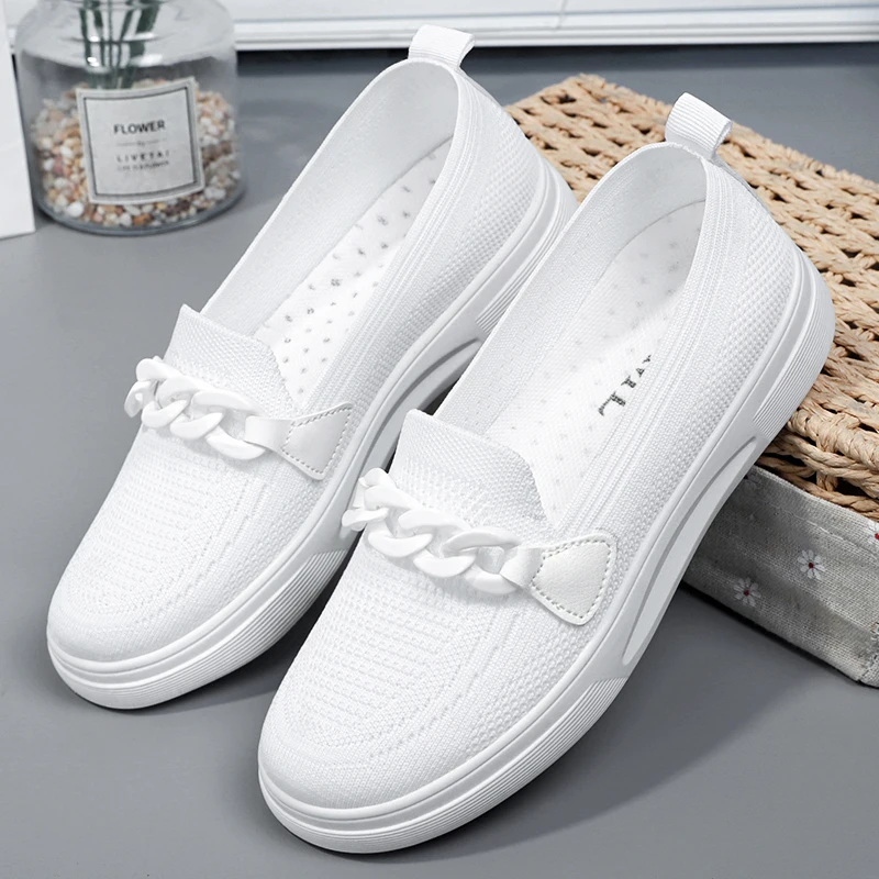 Women\'s Summer Footwear Slip On Female Chain Ballet Flats Sneakers Elegant Comfortable White Nurse Shoes Ladies Loafers