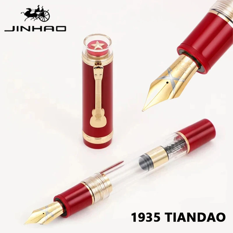 JINHAO 1935 TIANDAO Fountain Pen Guitar Clip F/M Sword Nib Transparent Red Resin Writing Pen Stationery Office School Supplies