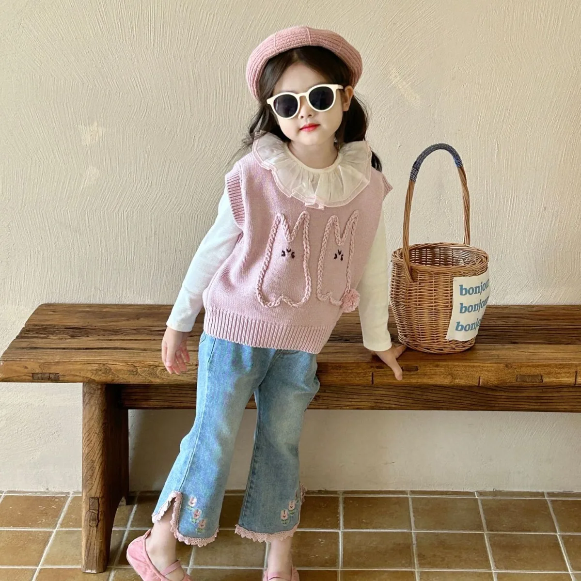 Girl Vest Autumn New 2024 Cartoon Sleeveless Flip Collar Bottom Layer Shirt Cowboy Bell-bottoms Casual Fashion Sweet Korean Cute