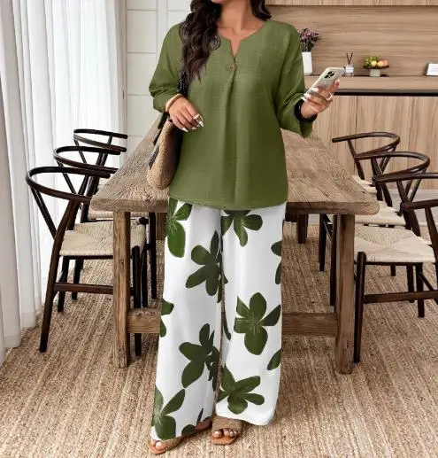 بانت مجموعات بلون الخامس الرقبة طويلة الأكمام فضفاضة تي شيرت أعلى عالية الخصر مستقيم الساق السراويل مجموعة المرأة أنيقة عارضة بانت مجموعات #2