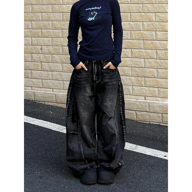 ZHIZOU Damen Tomboy Dark Academia Baggy Low Rise Mom Jean Japanische Y2K Harajuku Denim Hose mit weitem Bein 2000er Cyber Punk Grunge