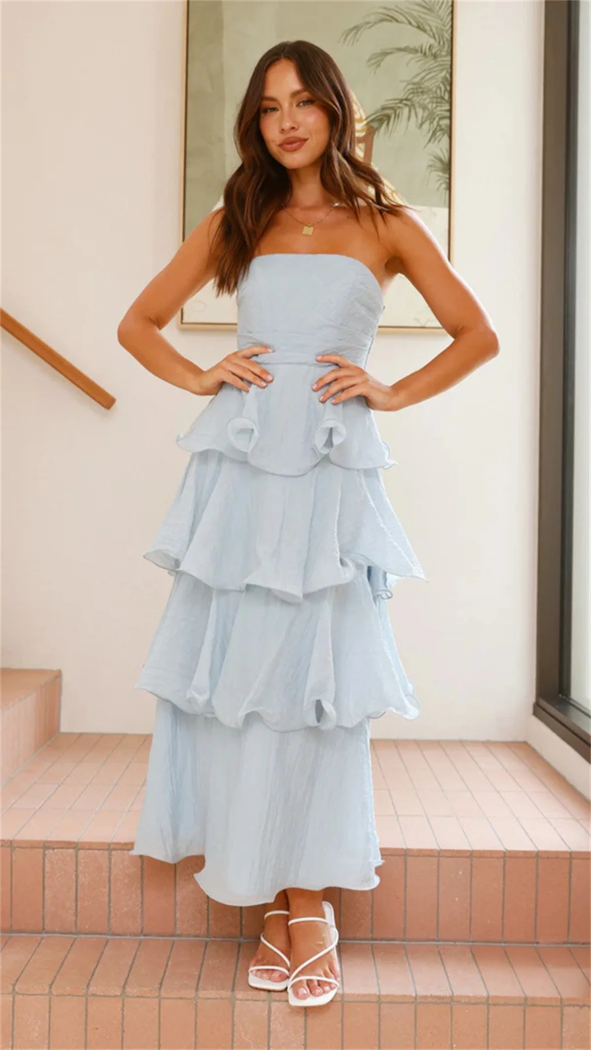 

EINY Summer Sexy Fashionable Strapless Cake Dress Elegant High Waist Long Gown Pure Color Layered Ruffle Slim Party Dresses Traf