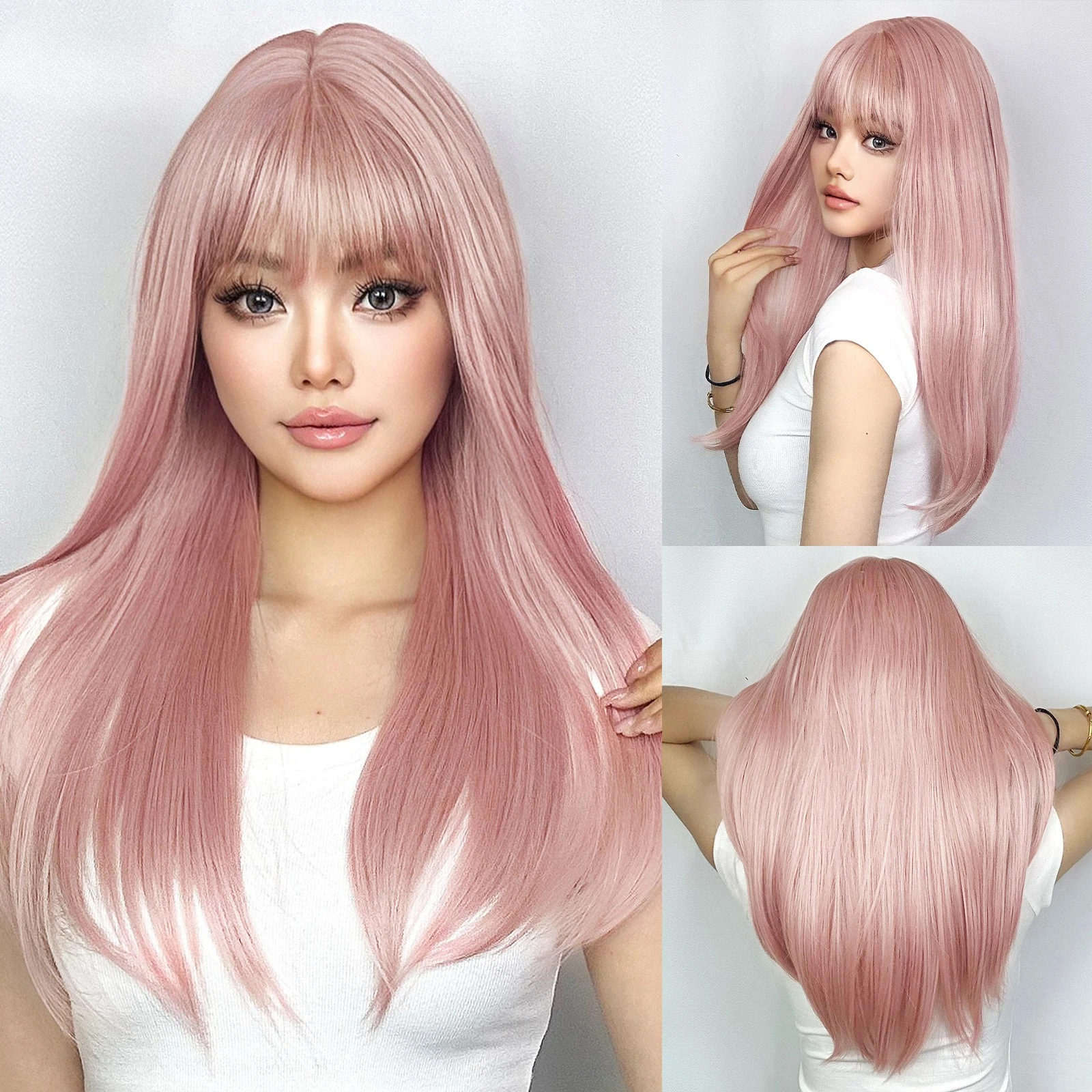 

European and American platinum sea king red air bangs simulation temperament long straight hair chemical fiber high temperature