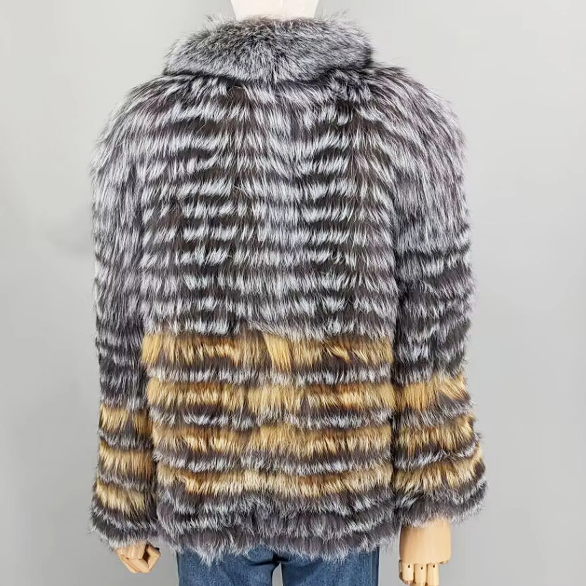 Lady Striped Real Silver Fox Fur Coat Short Jacket Spring Autumn Luxury Elegant Big Size Clothes Luxurious With Fur Collar 2107
