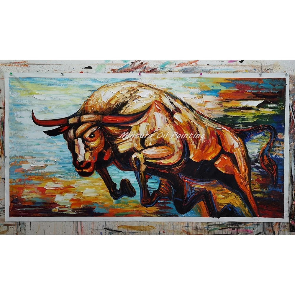 Mintura,Handpainted Knife Bull Oil Painting on Canvas,Abstract Animals Poster,Wall Art Picture,Room Decoration,Modern Home Decor