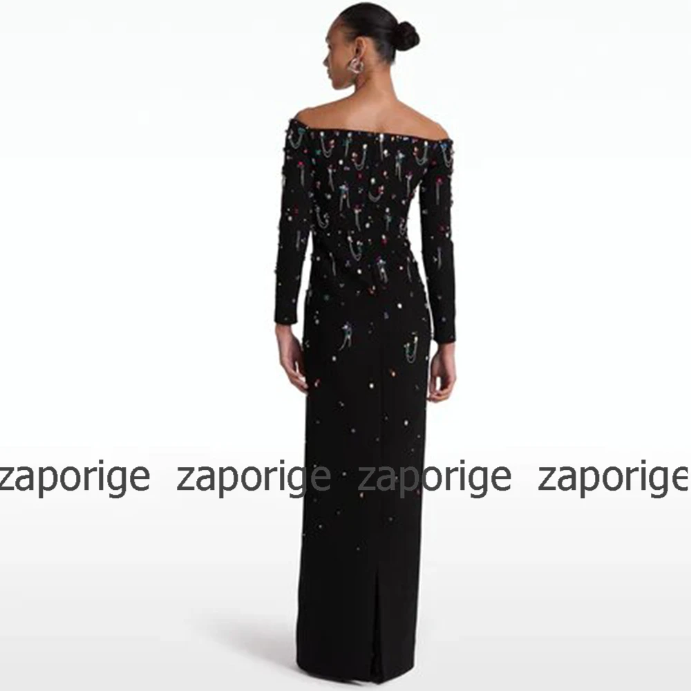 Black Heavy Industry Cocktail Dresses Jersey Rhinestone Beading Bespoke Occasion Gown Straight Off-the-shoulder Long Dresses