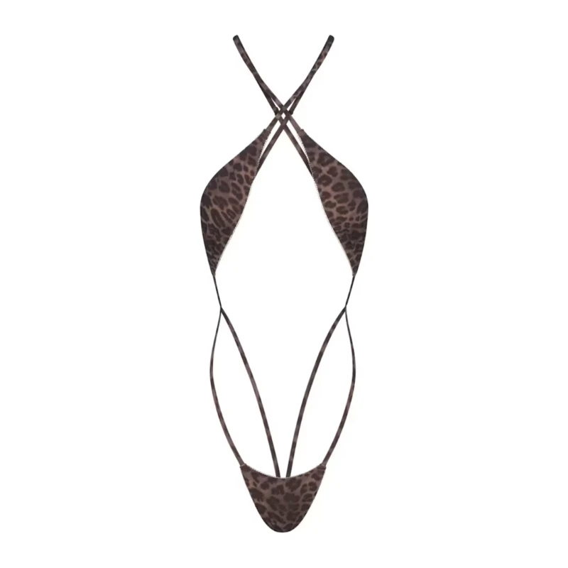 Y2K Hollow Design Spice Girl Leopard Halter Bodysuit Cross Thin Strap Backless High‑Cut Sexy Body Lingerie Women's Clothes Emo view 3
