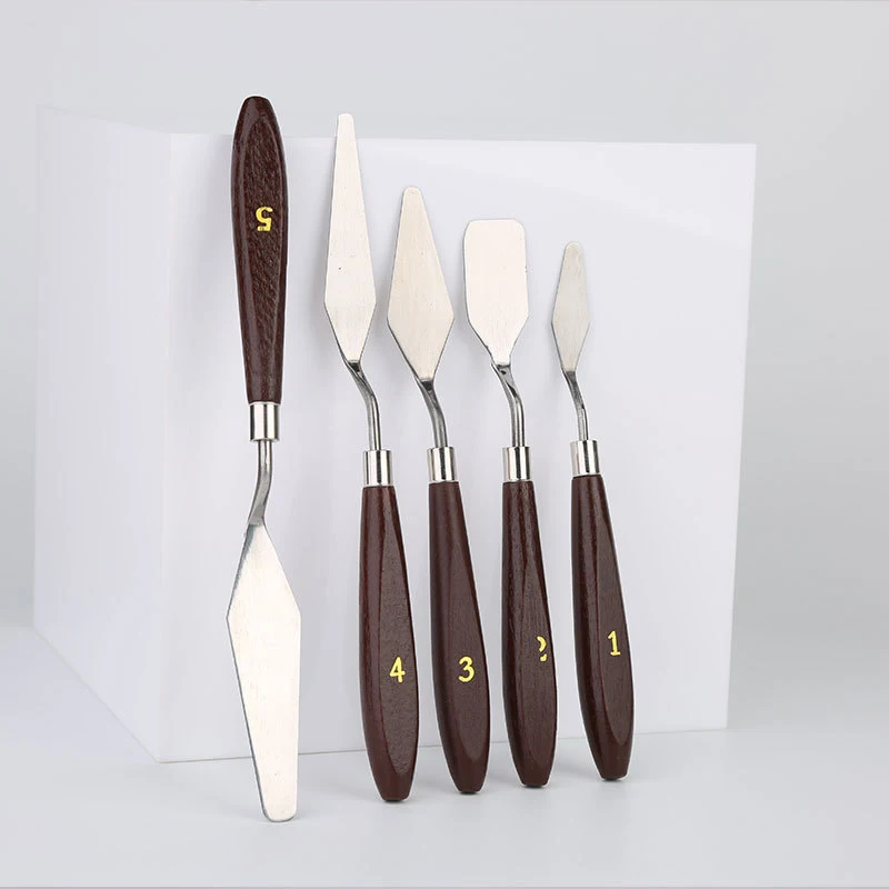 5Pcs/Set Professional Stainless Steel Wooden Handle Spatula Kit For Creative Oil Painting Knife School Fine Arts Tool Blades